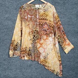 Chico's Size 3 US XL Tunic Top Beige Asymmetrical  Semi Sheer Floral Long Sleeve